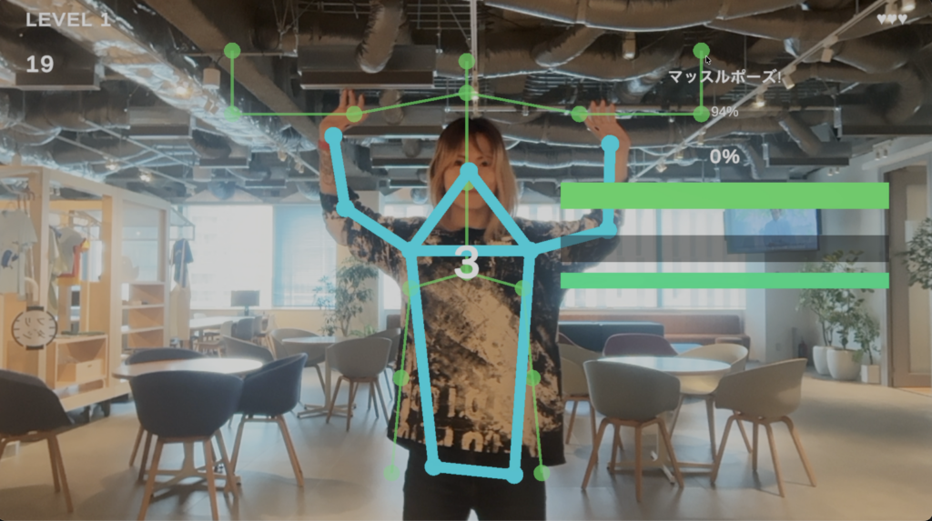 体験ゲームのプレイ画像。画面に表示されたポーズを取ることで合否を判断する。画面左にLEVEL1 19というスコアが表示されている
